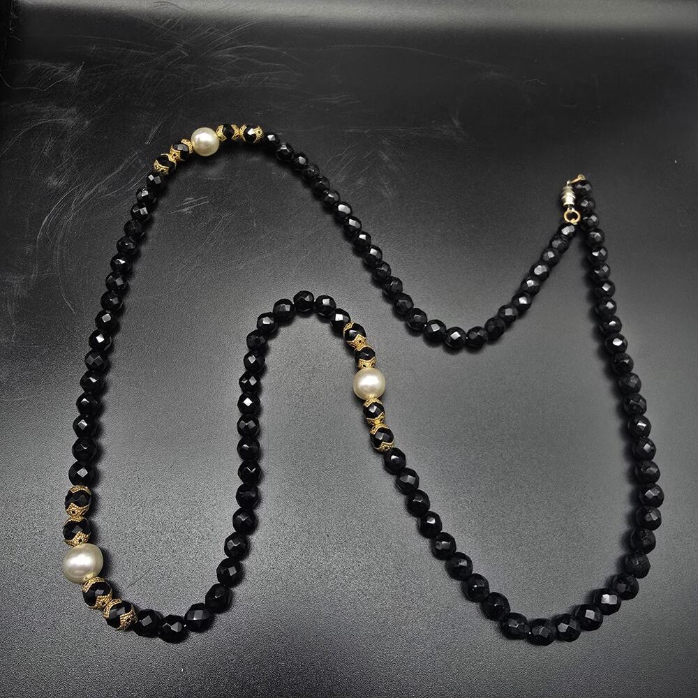 Black Glass Faux Pearl Beaded Necklace 36 Inch Vintage Jewelry - Picture 7 of 8